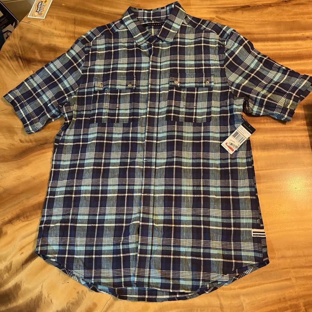 Sean John Shirt Mens Large L Blue Plaid Button Up Short Sleeve Y2K Diddy Pockets